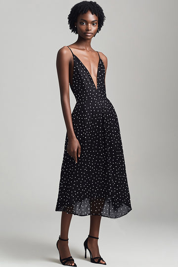 Chiffon Black White Polka Dot A Line Graduation Dress